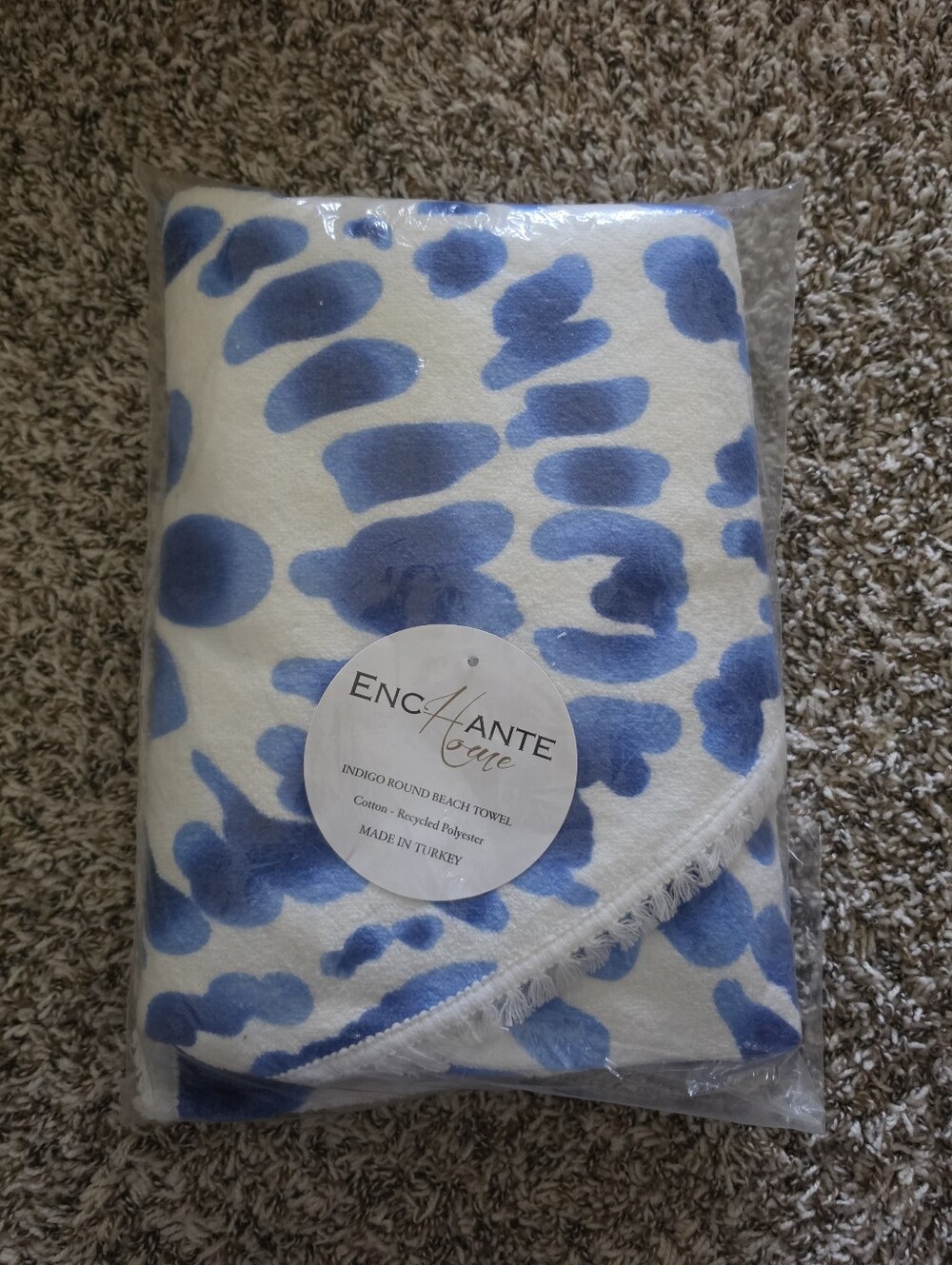 Enchante Home Round Beach Towel 60" Boho Fringe Indigo Blue & White – NWT